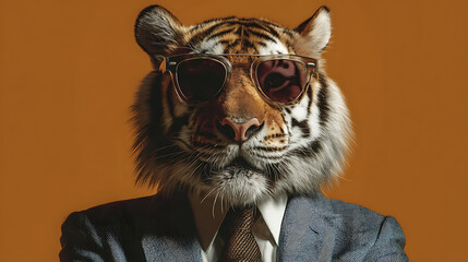 A tiger in a suit and sunglasses poses before a warm orange studio backdrop with confidence stylish