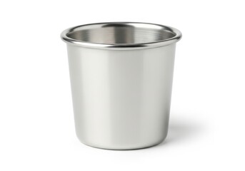 Small polished metal container sits isolated against a bright white background