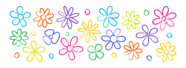 Flower crayon doodle, pastel cute line daisy. Chalk hand drawn kid plant, floral pattern watercolor texture. Color sketch plant child, charcoal garden isolated on bg. Brush paint vector illustration