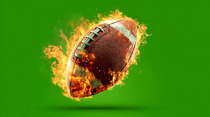 A blazing football spirals through a vivid green background, flames engulfing its seams in midair!