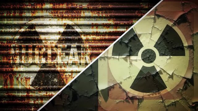 Grunge textured nuclear symbol split on corrugated metal and cracked wall surface features decayed beige and dark green colors representing radiation hazard.