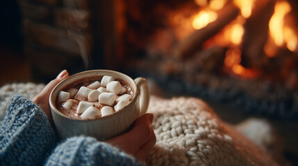 Wrapped in Blanket Holding Hot Chocolate with Marshmallows