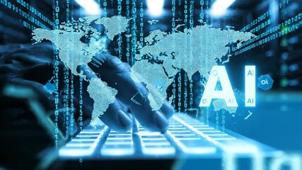 A hand types on a keyboard with an AI graphic overlay, set against a data center background. The scene features blue tones, emphasizing technology and innovation. - Powered by Adobe