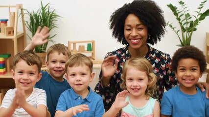 Cheerful scene of a female teacher with curly afro and diverse group of young children joyfully waving hands in a sunlit classroom with play blocks and wooden shelves - Powered by Adobe