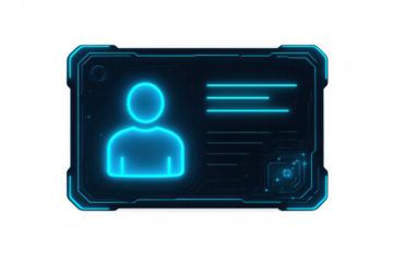 Futuristic digital user id interface display presenting a glowing profile avatar and personal data, cyber identity on transparent background