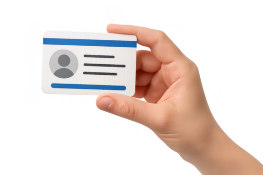 Hand holding identification card, showing personal profile details, user verification, access, and secure authentication