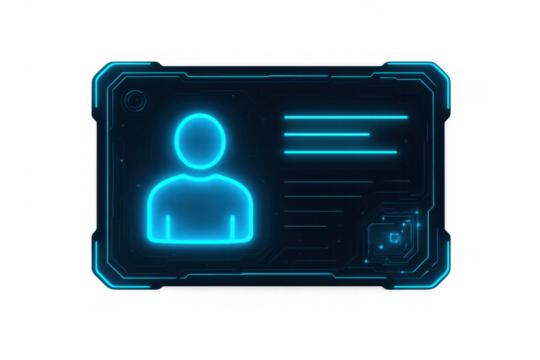 Futuristic digital user id interface display presenting a glowing profile avatar and personal data, cyber identity on transparent background