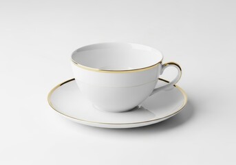Elegant porcelain teacup and saucer set features delicate gold trim against a bright white background