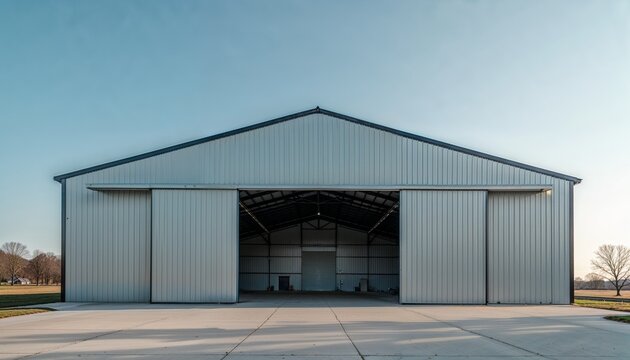 Large industrial airplane hangar with open sliding doors on clear sky background, modern storage building exterior
