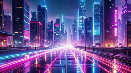Vibrant neon city skyline with light trails at night - Powered by Adobe