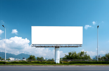 Billboard stands tall against a bright blue sky along a highway, offering advertising space in a modern, commercial setting, perfect for showcasing brands and products.