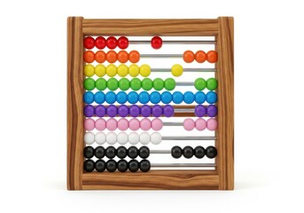 Wooden counting frame displays rows of colorful sliding beads against a stark white background.