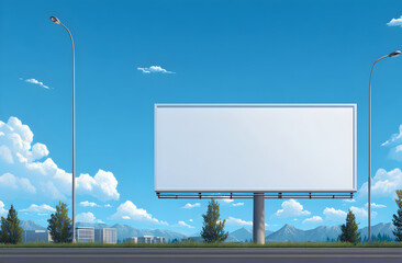 Blank billboard stands tall beside a highway under a bright blue sky with fluffy white clouds, offering advertising space in a serene outdoor setting.