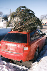 Un sapin de Noël sur le toit d'une voiture.