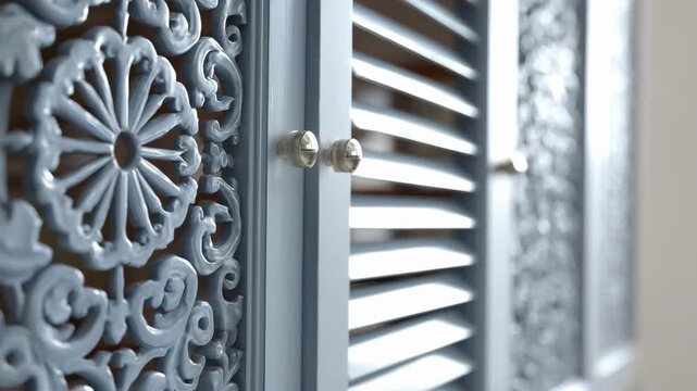 Medium shot of decorative cutout patterns on composite shutters focusing on the blend of functionality and aesthetic appeal in modern window treatments.