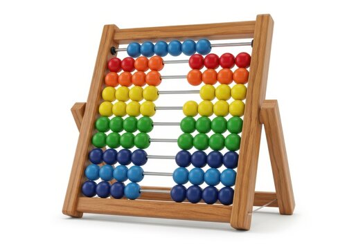 Wooden educational counting frame displays colorful beads arranged in rainbow order against a white background