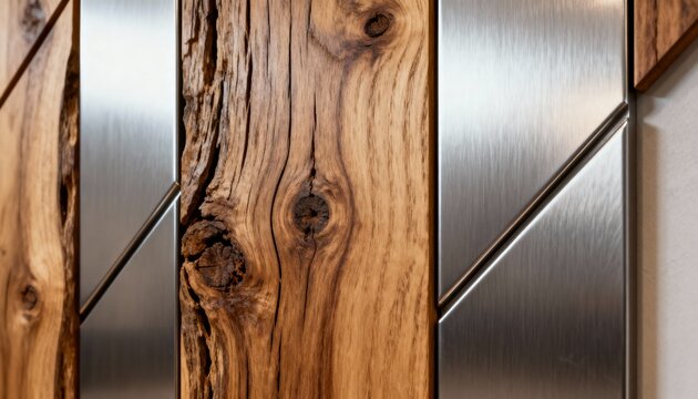 Medium shot of detailed woodmetal panels highlighting textured grain patterns fused with sleek metal surfaces for innovative durability