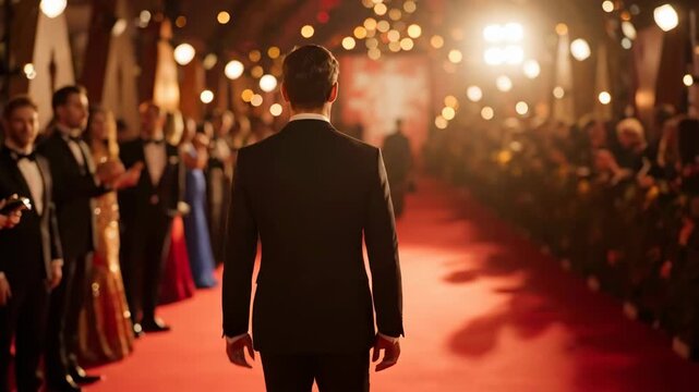 A man in a dark suit walks down a red carpet surrounded by a blurred crowd under bright lights, capturing the essence of a glamorous evening event.