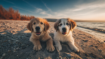 Two dogs lie on a rocky beach at sunset, looking toward the sea with cheerful expressions. near sea