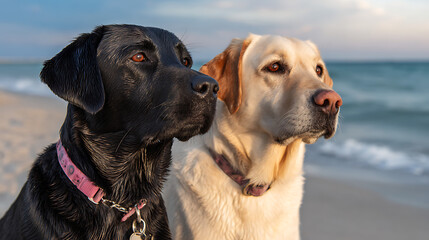 Two dogs on a sunny beach gaze toward the sea, black and tan coats beside foamy waves. Quiet shore!!
