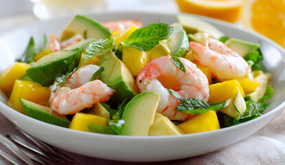 Delicious shrimp salad with avocado and mango served in white bowl on bright table, showcasing vibrant colors and fresh ingredients.