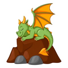 Fototapeta premium Sleepy green dragon resting on a brown rock
