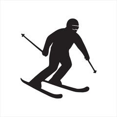 Silhouette of a skier downhill skiing with ski poles against a white background capturing the essence of winter sports and recreation