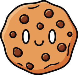 a cheerful cartoon chocolate chip cookie with a simple smiling face.