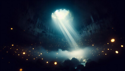 A captivating landscape where beams of light illuminate cascading waterfalls, creating a dreamlike atmosphere. The tranquil scenery and glowing light provide a perfect setting for themes of serenity.