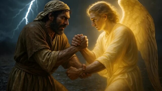 Jacob Wrestling a Glowing Angel Beneath a Sky Split With Lightning