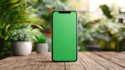A sleek smartphone with a vivid green screen stands on a wooden table amid lush potted plants nearby
