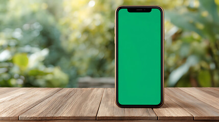 A smartphone with a vivid green display stands upright on a wooden table outdoors, blurred greenery!
