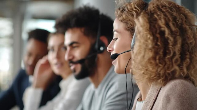 Medium shot showcasing a dynamic team of multilingual agents collaboratively managing ondemand language support through a poolbased system.