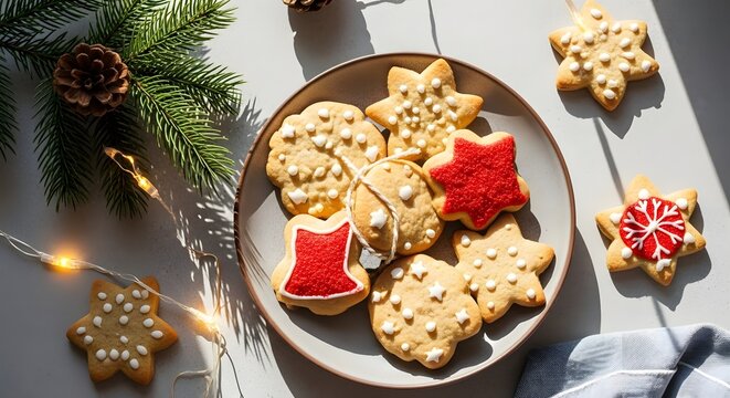 Festive christmas cookies on a plate with holiday decorations and string lights on a white surface
