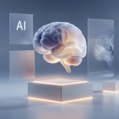 AI brain 3D technology concept with soft luminous glass panels and a futuristic platform