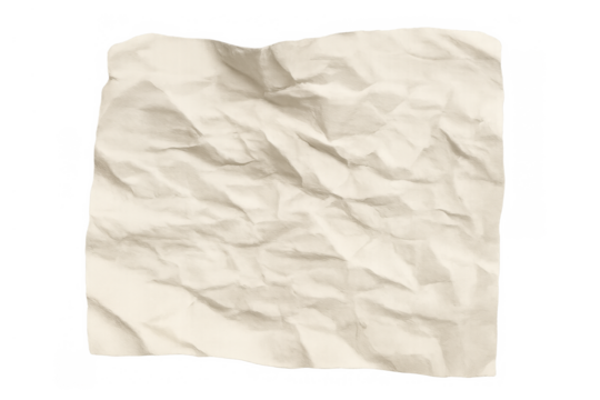 Crumpled beige paper texture with wrinkled surface, isolated blank sheet featuring old empty background design