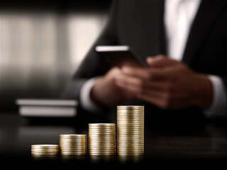 Business investment concept with gold coins man smartphone and elegant dark focus