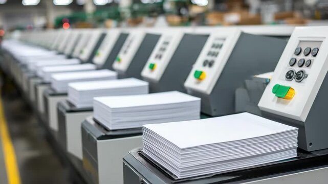 Medium shot capturing an automated production line performing saddle stitching on multiple documents emphasizing efficiency and industrial binding methods.