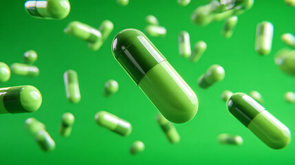 A vivid scene of green capsules drifting through a bright lime background, energetic and surreal.!!!