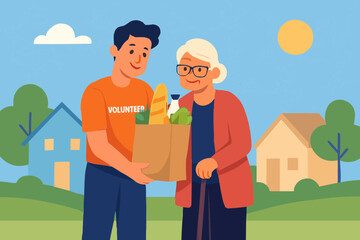 Volunteer Assisting Elderly Woman with Groceries