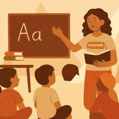 Volunteer Teaching Refugee Children in Classroom