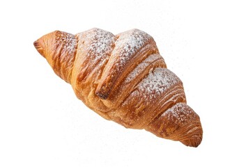Golden baked pastry dusted with fine white sugar sits isolated against a pure white background