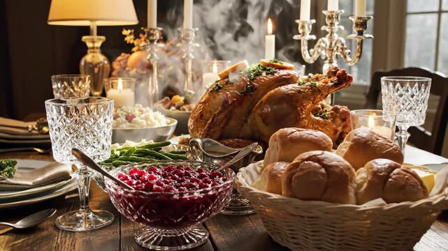 A beautifully set dining table ready for a traditional holiday feast, showcasing a golden roasted turkey, cranberry sauce, and fresh bread rolls under warm candlelight