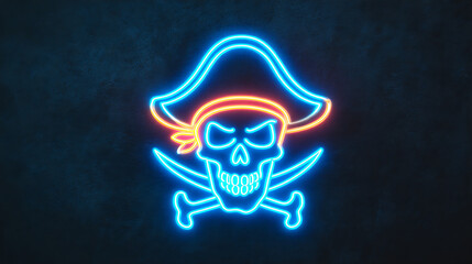 Neon pirate skull emblem glows in blue and orange, with crossed bones on a dark textured backdropion