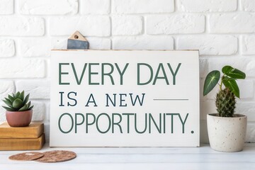 A wooden sign with text expressing daily opportunity