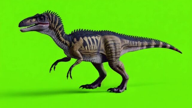 Allosaurus dinosaur walking on a green screen background in a full body side view shot dinosaur green screen video