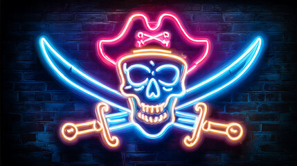 A neon pirate skull with crossed glowing swords on a dark brick wall, vivid electric colors. bright