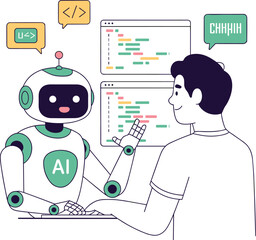 AI Robot Teaching Programming to Human Coding Learning Artificial Intelligence Vector Illustration