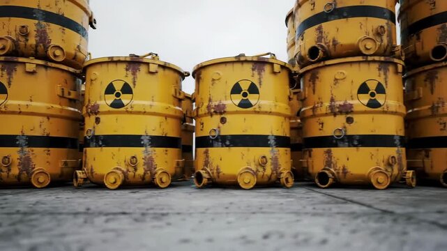 A low angle shot depicts stacked yellow barrels with black radioactive warning symbols, resting on a concrete surface beneath a cloudy sky, conveying industrial storage of radioactive waste.