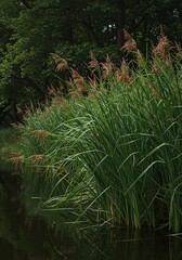 Fototapeta premium Lush aquatic plants known as reeds stand tall at the tranquil water's edge, creating a serene and natural wetland scene ,summer ,river ,flora